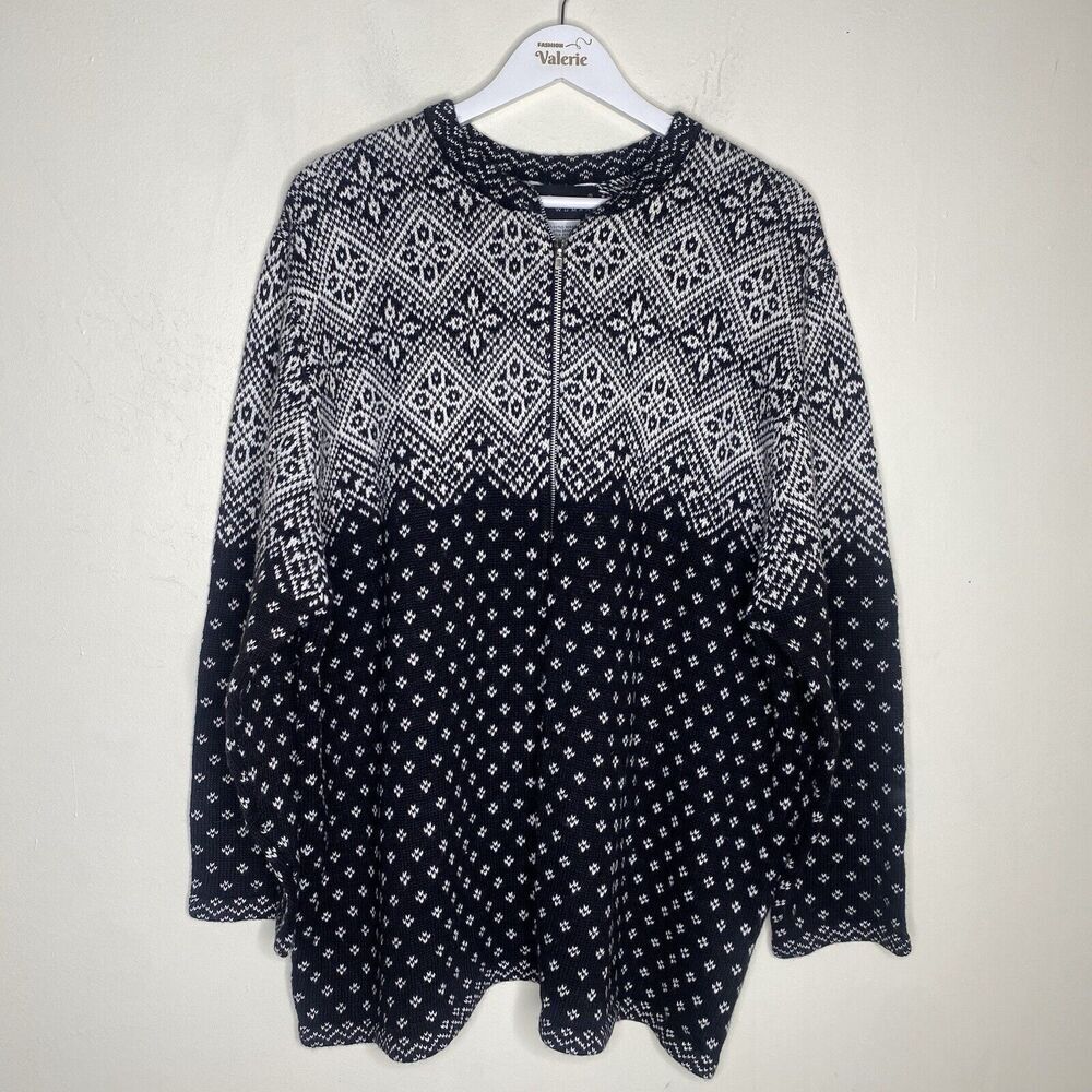 Sag Harbor Vintage Knit Black & White Snowflake Zip Jacket Size 2XL Holiday